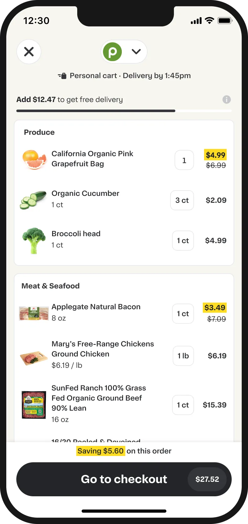 Cart page showing progress toward the incentive