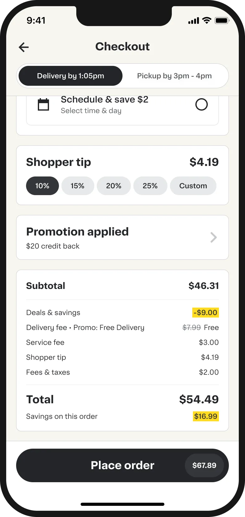 Checkout page listing applied promotions and total savings