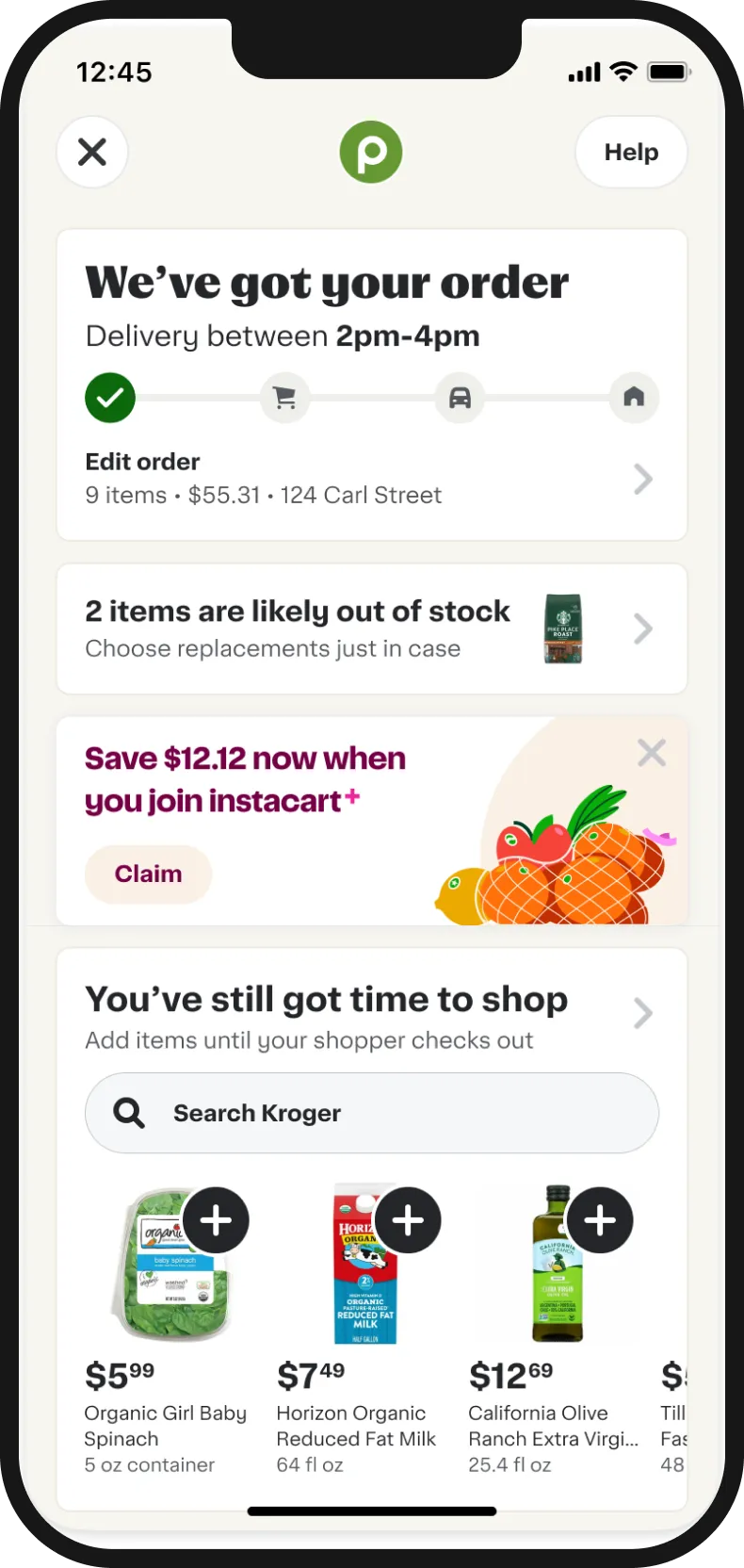 Order status screen with a relevant membership offer