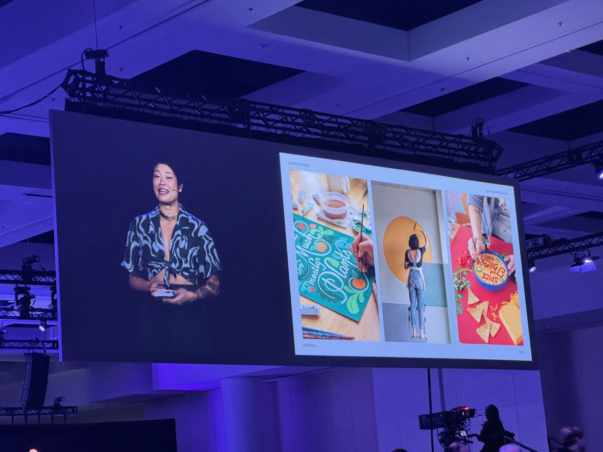 Lauren Hom on stage beside a slide of three passion projects: hand-lettering on a teal board, a mural in progress, and a lettered bowl on a red backdrop
