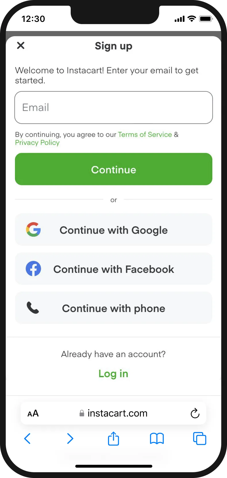 Sign-up sheet asking for an email before the store can be browsed