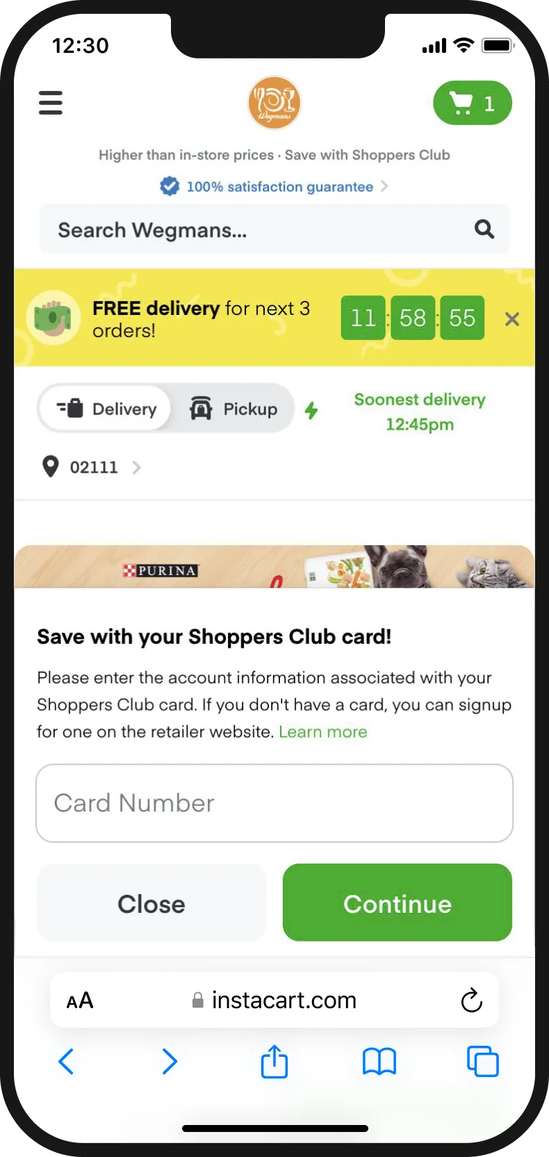 Store search with a free-delivery banner and a loyalty card prompt