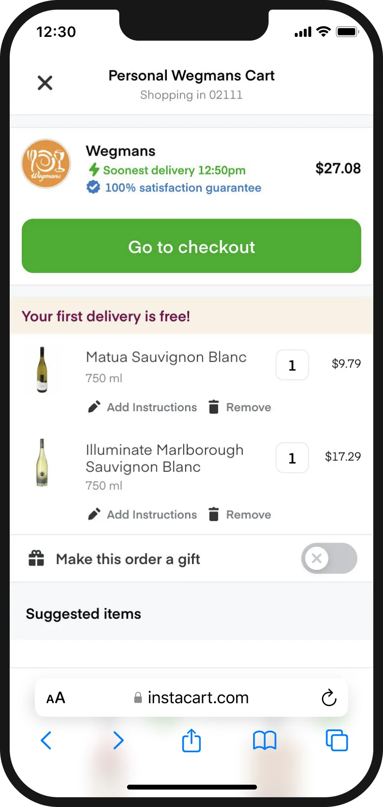 Cart page with gift options and satisfaction guarantees above the items