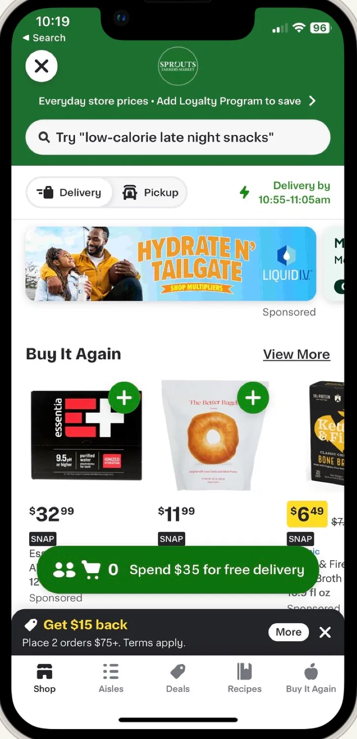 Storefront with three competing offer banners and a free-delivery bar