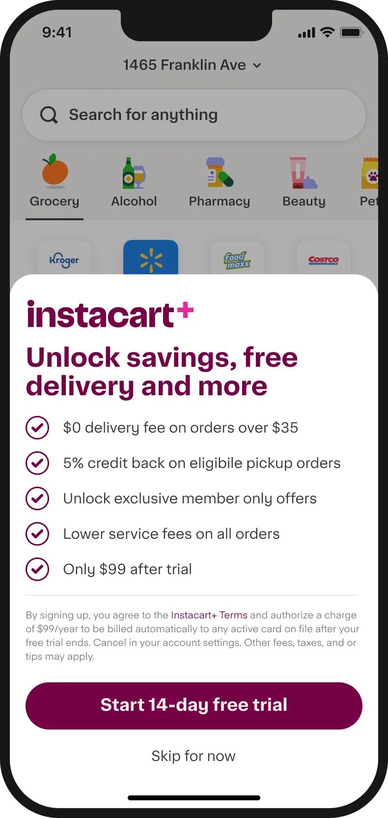 Full-screen Instacart+ trial offer